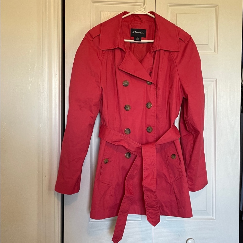 Women’s L St. John’s Bay coral belted car length coat double breasted buttons - Picture 7 of 11